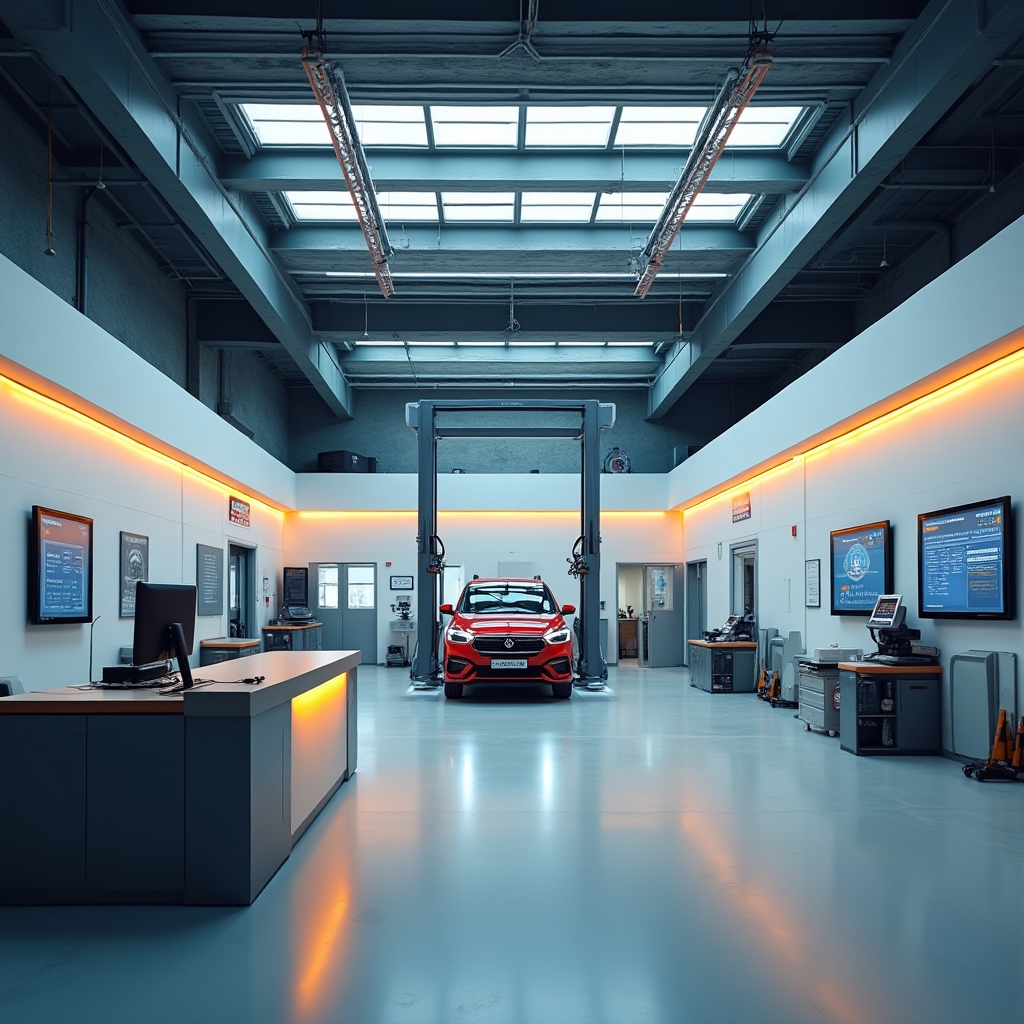 Officina autorizzata moderna con postazione digitale per revisione veicoli